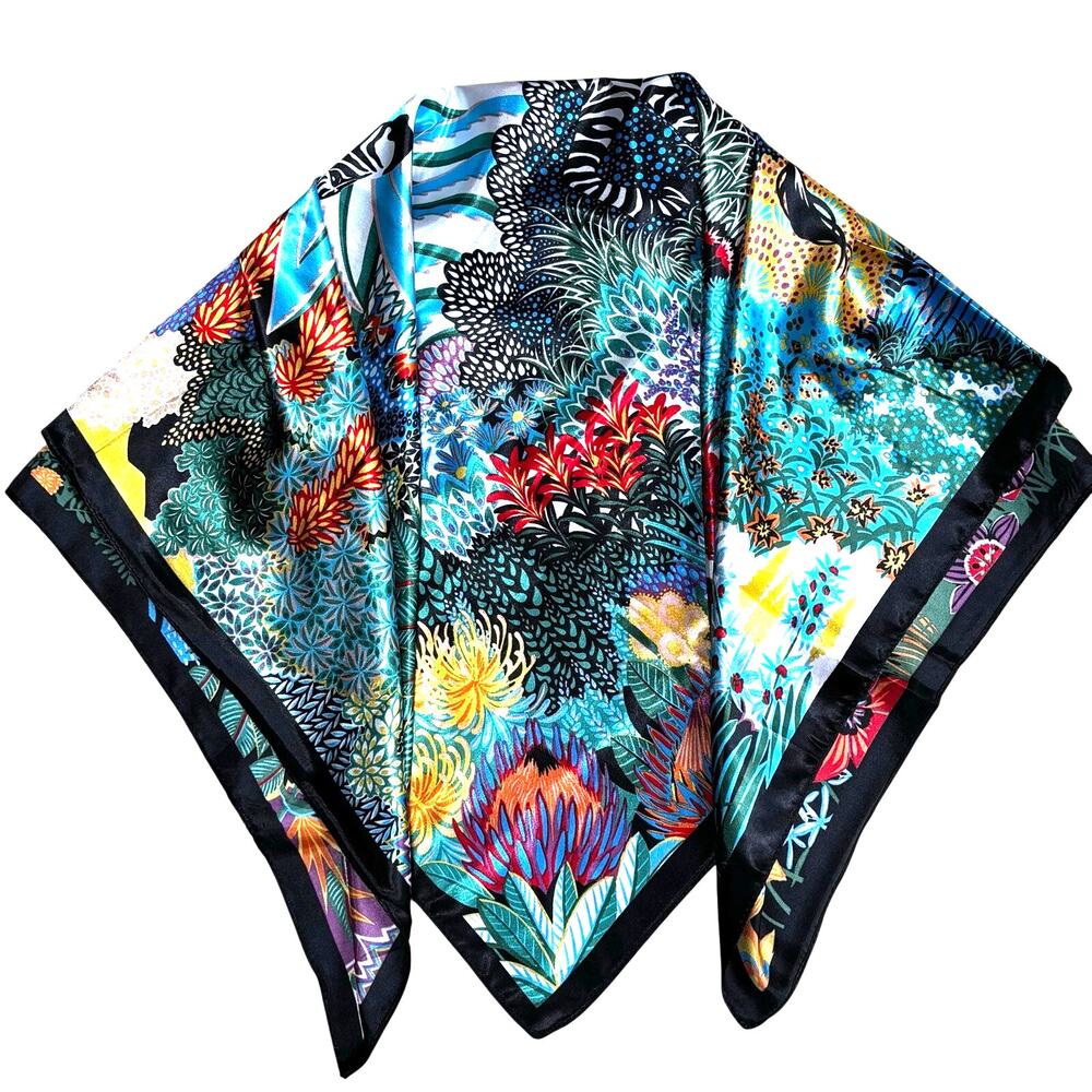Square zebra scarf silky satin polyester jungle print multicolor black & white - Picture 3 of 10